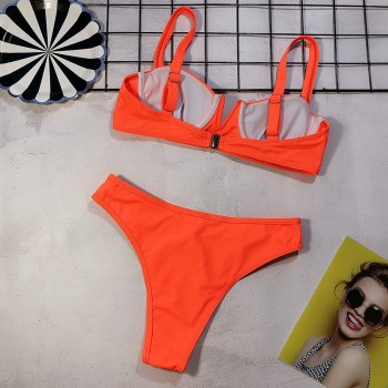 New High Waist Thong Bikini Set Swimwear Sexy Fluorescent Orange Split Swimsuit Europe 2 Piece Swimming Suit Women Bathing Suits